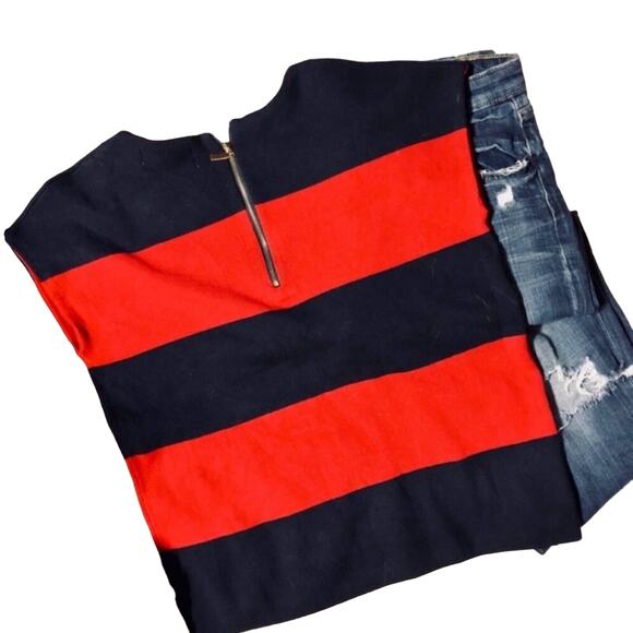 NEW PHILOSOPHY Short Sleeve Red Navy Blue Wide Striped Zipper Back Sweater M - Picture 5 of 6